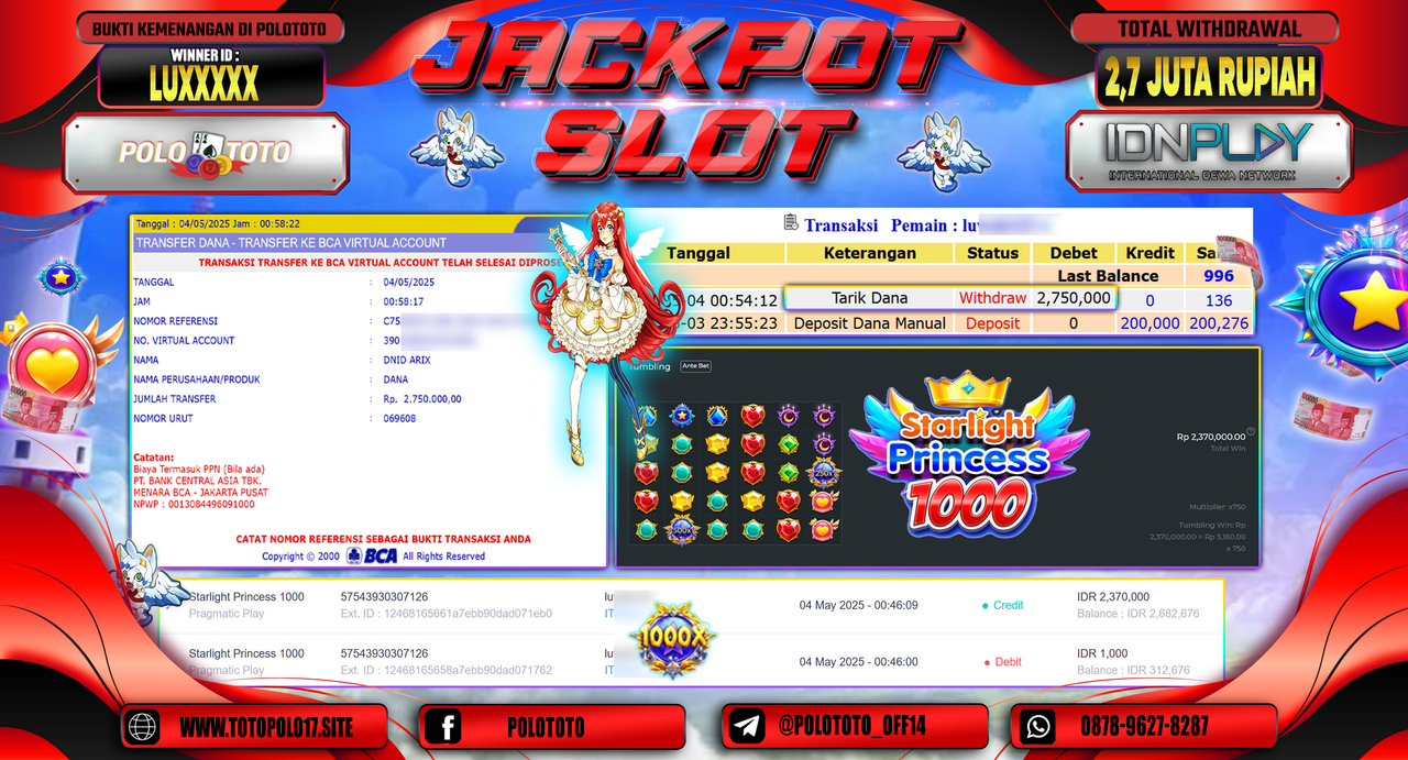 POLOTOTO JACKPOT SLOT STARLIGHT PRINCESS 1000 Rp.2.750.000,-