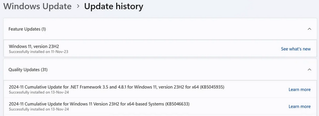 Windows 11 23H2 Installierte Updates