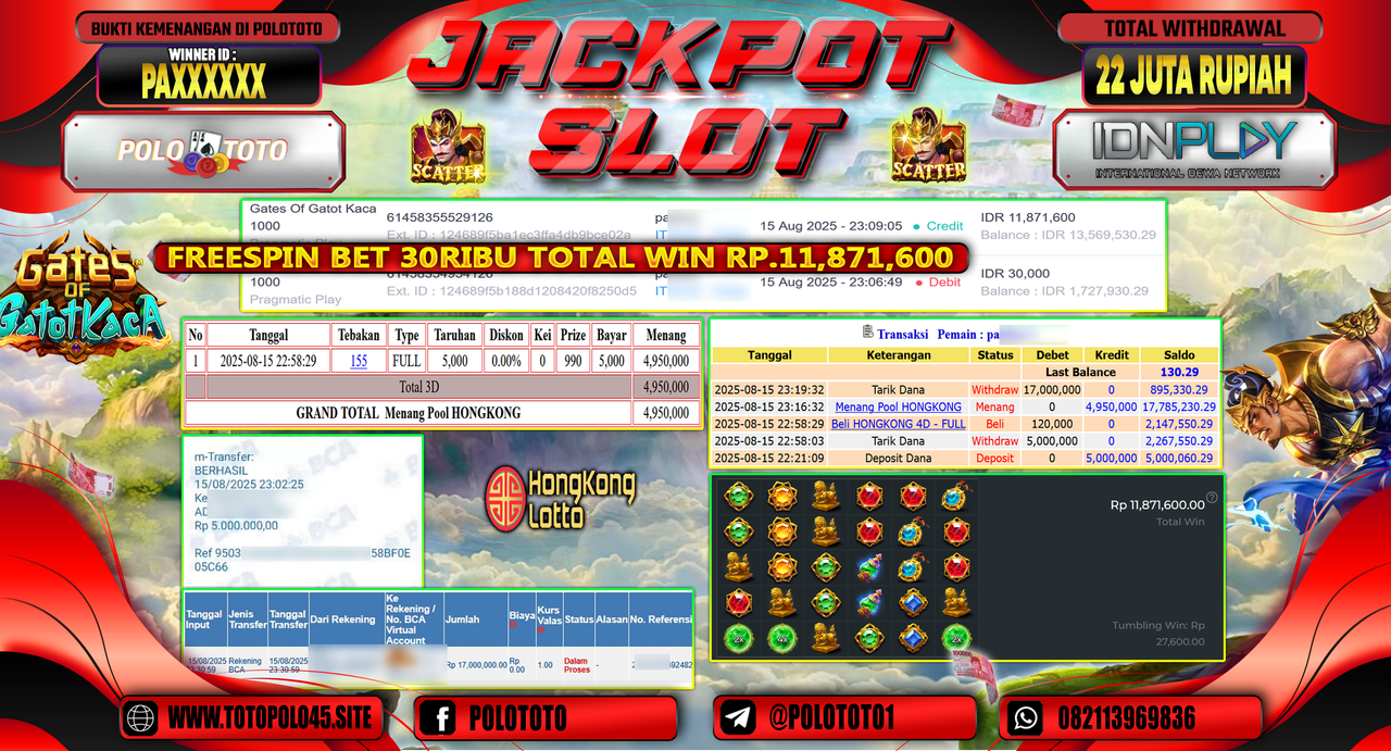 POLOTOTO JACKPOT SLOT GATES OF GATOT KACA 1000 & HONGKONG LOTTO Rp.22.000.000,-