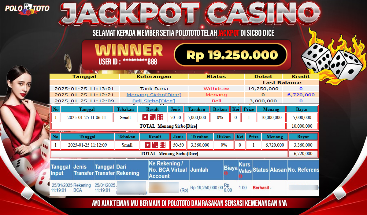 POLOTOTO JACKPOT LIVE CASINO SICBO DICE Rp.19,250.000,- 