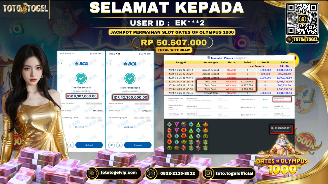 Bukti Pembayaran Jackpot Permainan Slot Gates Of Olympus 1000  ID: EK***2 LUNAS 