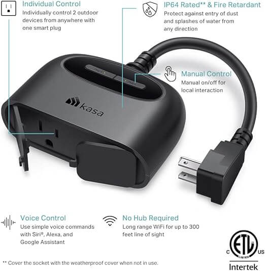 Gráfico mostrando la resistencia al agua IP64 y el control desde el smartphone del enchufe Kasa EP40.