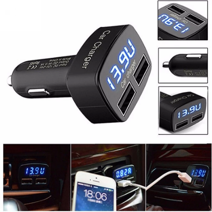 Φορτιστής αυτοκινήτου με Βολτόμετρο Αμπερόμετρο Θερμόμετρο Διπλό / Διπλό  USB σε αναπτήρα – zella.gr