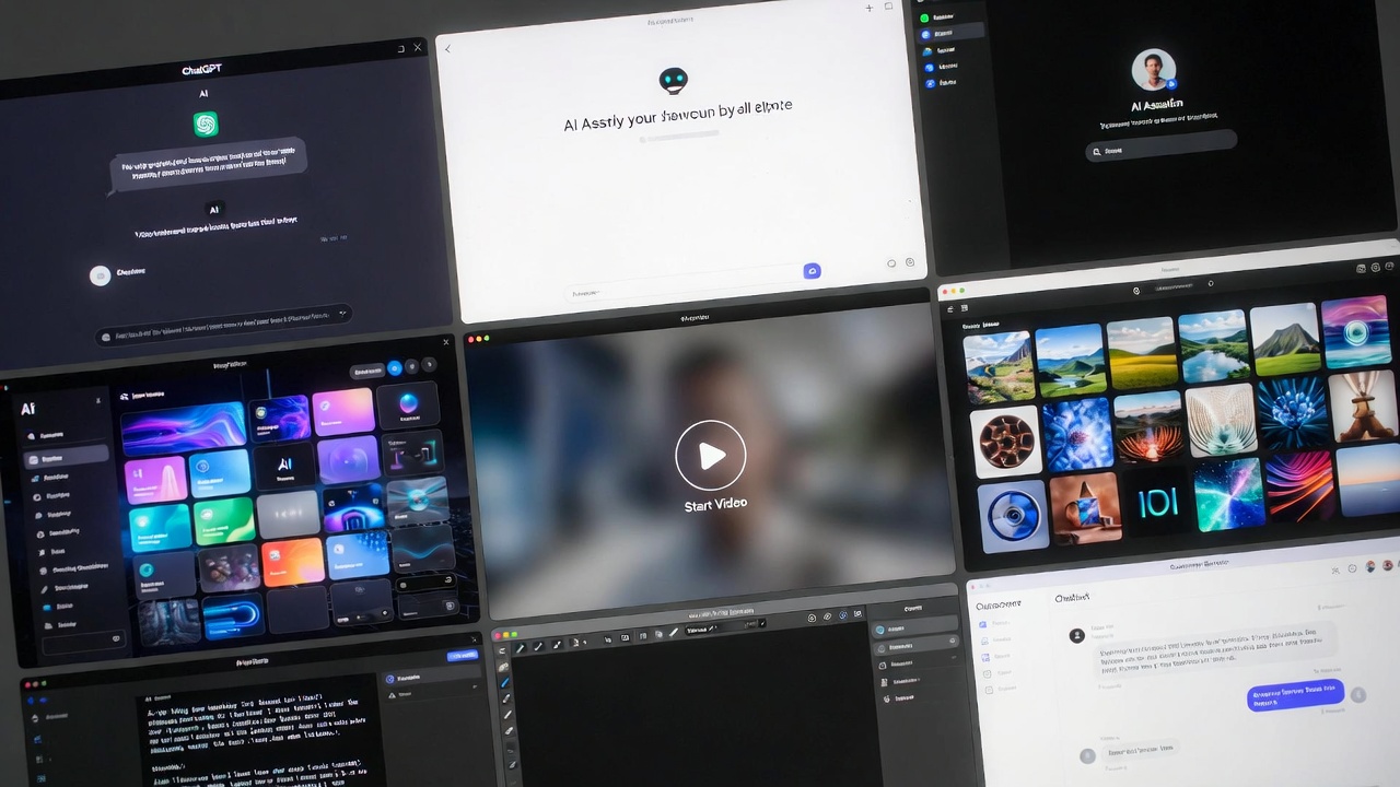 Collage of AI tool interfaces including chatbots and image generators on a desktop screen