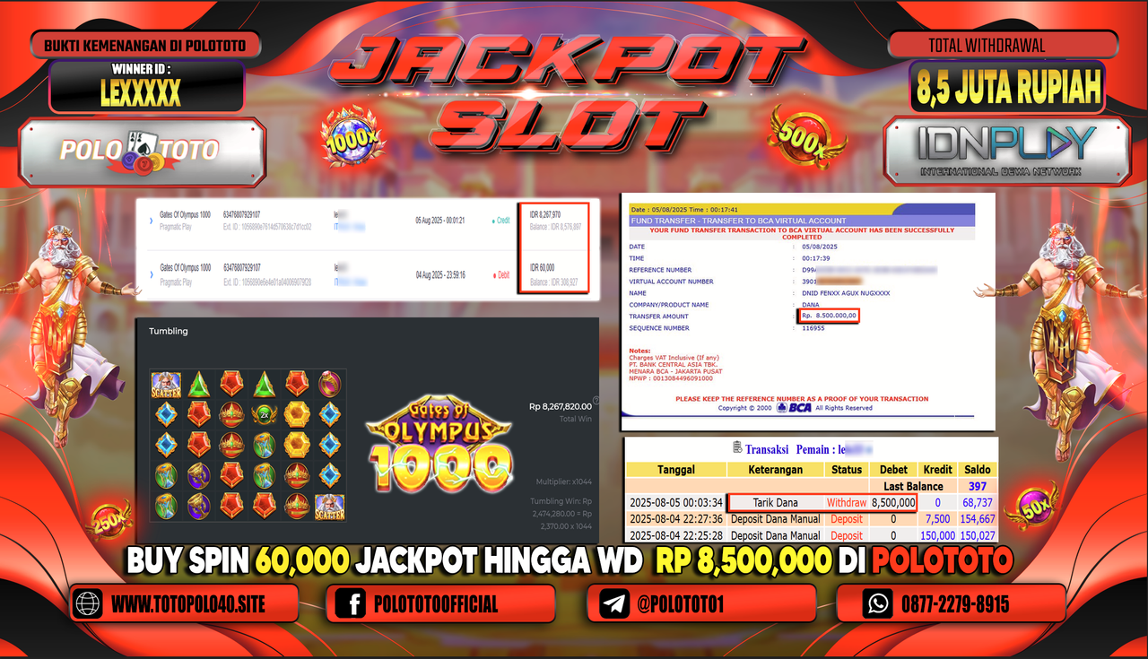 POLOTOTO JACKPOT SLOT GATES OF OLYMPUS 1000 Rp.8.500.000,-LUNAS