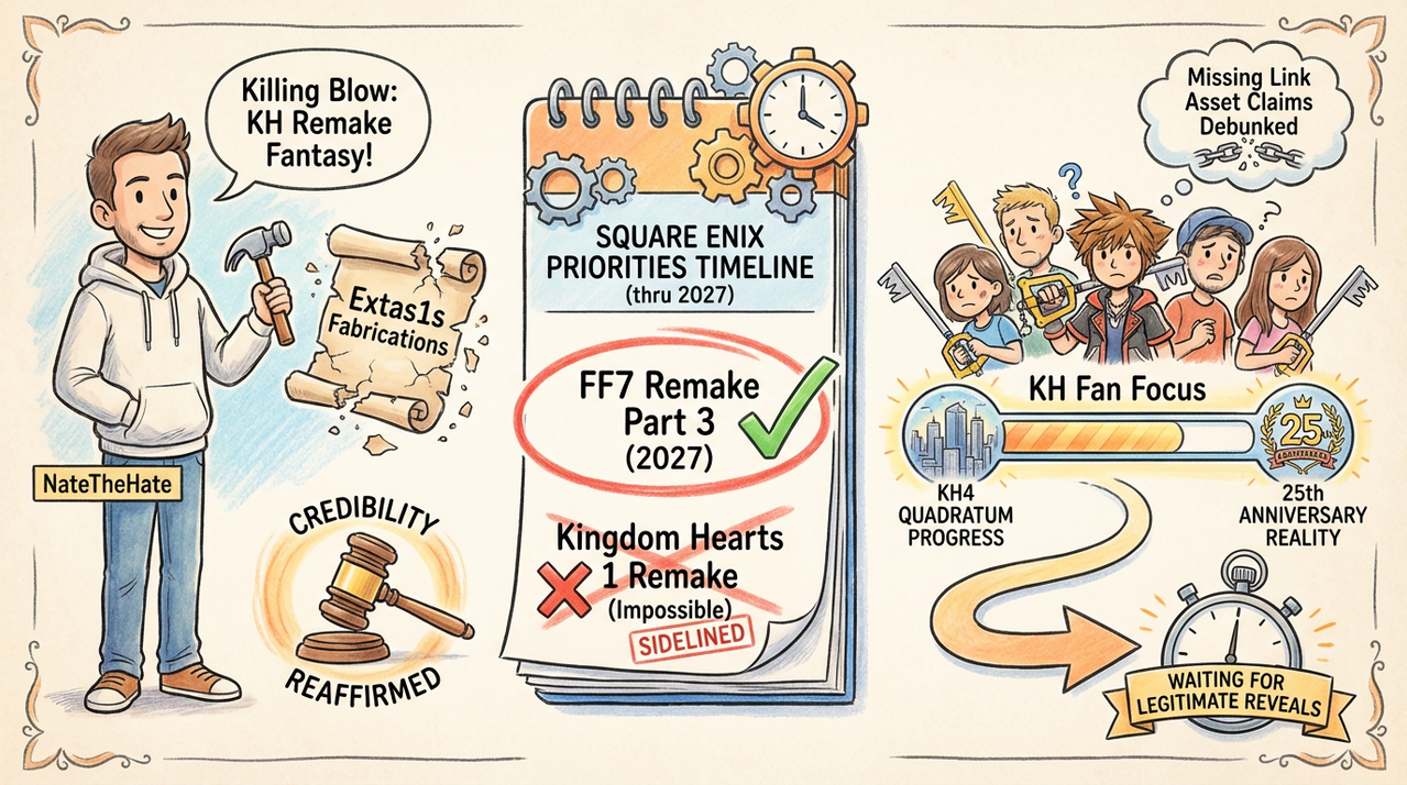 NateTheHate Debunks Kingdom Hearts Remake: 'Notable Insiders Say Fake' 1 Kingdom Hearts keyblade warriors in dark fantasy battle