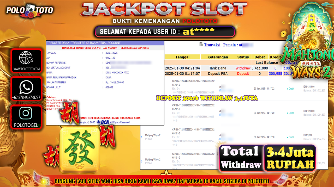 POLOTOTO JACKPOT SLOT MAHJONG WAYS 2 Rp.3,411.000,-