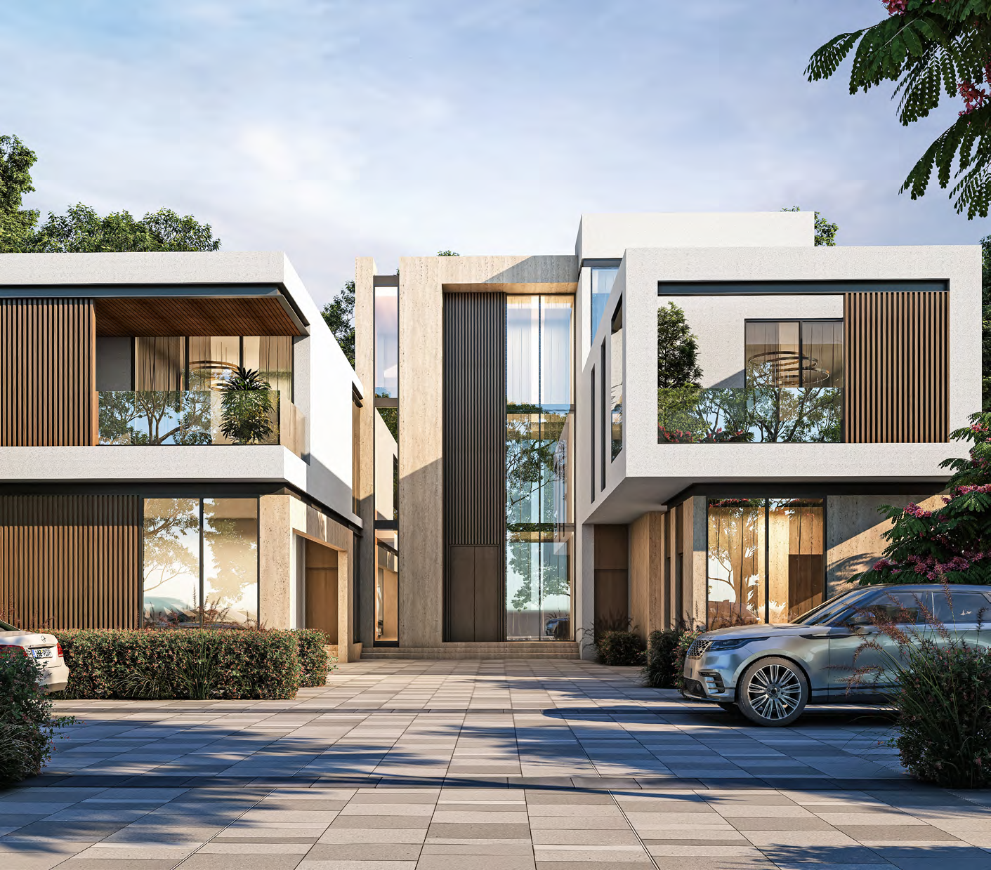 Sobha Estates 5-bedroom villa exterior in Sobha Hartland II Dubai by Sobha featuring private pool, landscaped garden, enclosed parking court and three-storey plot design — Distress Deal opportunity