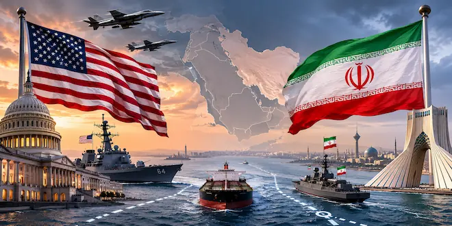 صورة توضيحية للتصعيد الأمريكي الإيراني، تظهر علم الولايات المتحدة أمام مبنى الكابيتول وعلم إيران أمام برج آزادي، مع طائرات مقاتلة وسفن حربية أمريكية وإيرانية في محيط مضيق هرمز، وخريطة الشرق الأوسط في الخلفية. (تم توليدها بالذكاء الإصطناعي)