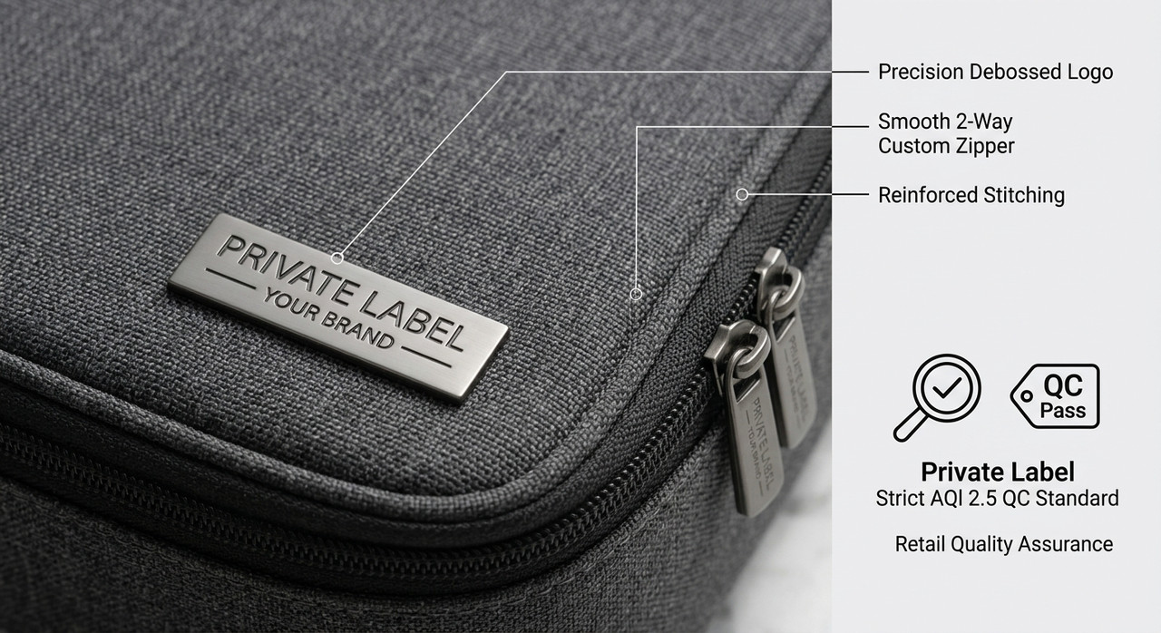 Premium custom essential oil bags and cosmetic cases designed for retail brands, featuring an opened organizer with EVA protection for bottles and a closed grey canvas case with a customizable logo patch. Overlaid text reads 'CUSTOM CASES, CURATED FOR BRANDS. Premium Custom Essential Oil Bags & Cosmetic Cases for Retail Growth' with feature tags and a 'BUILD YOUR COLLECTION' button.
