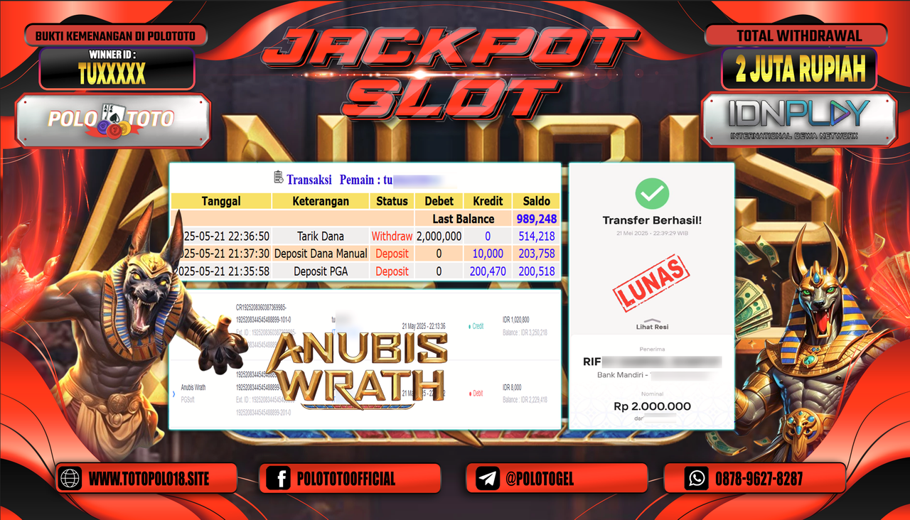 POLOTOTO JACKPOT SLOT ANUBIS WRATH Rp.2.000.000,-