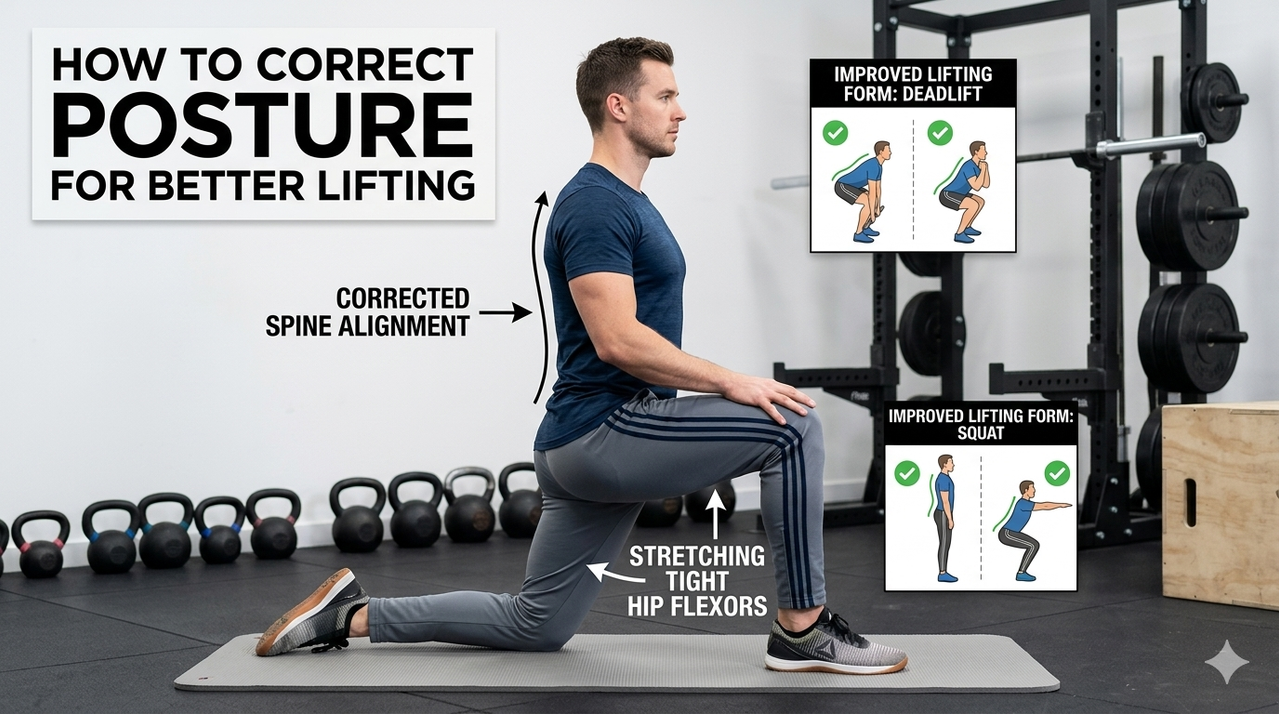 Person performing half-kneeling hip flexor stretch for how to correct your posture for better lifting form