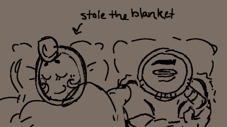 A messy sketch of Glisten and Rodger lying in bed. Glisten, comfortably asleep with a smile, is snuggly tucked away under a blanket, while Rodger is awake. Rodger is clutching his sides and shivering. An arrow points to Glisten, and above the arrow reads "stole the blanket."