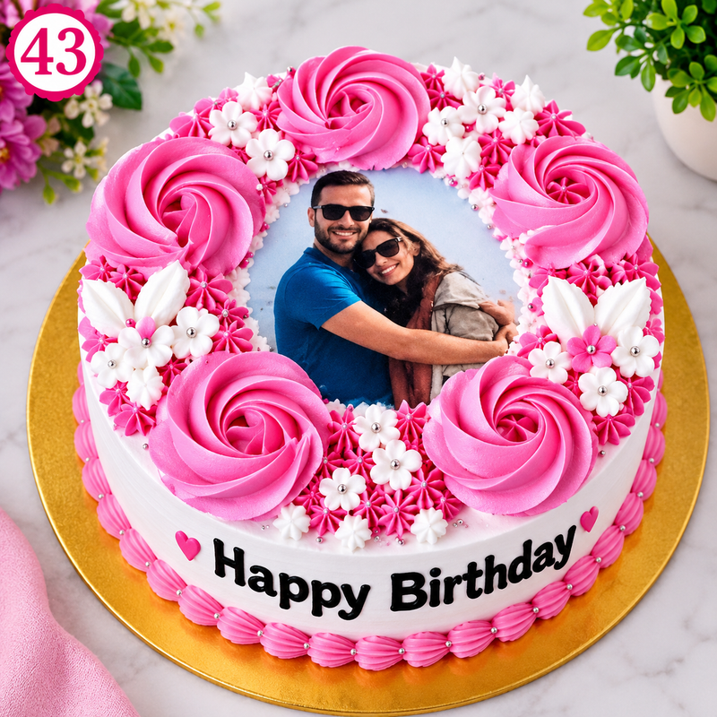 43 Pink Rose Photo Birthday Cake ২ পাউন্ড