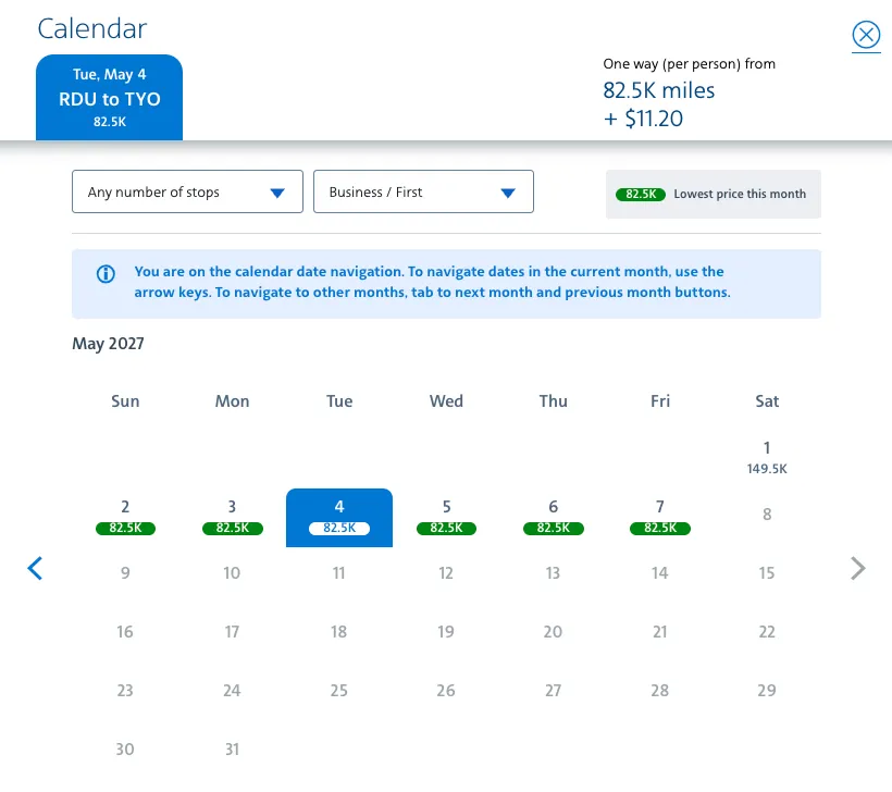 RDU to HND award search showing 82.5K business class
