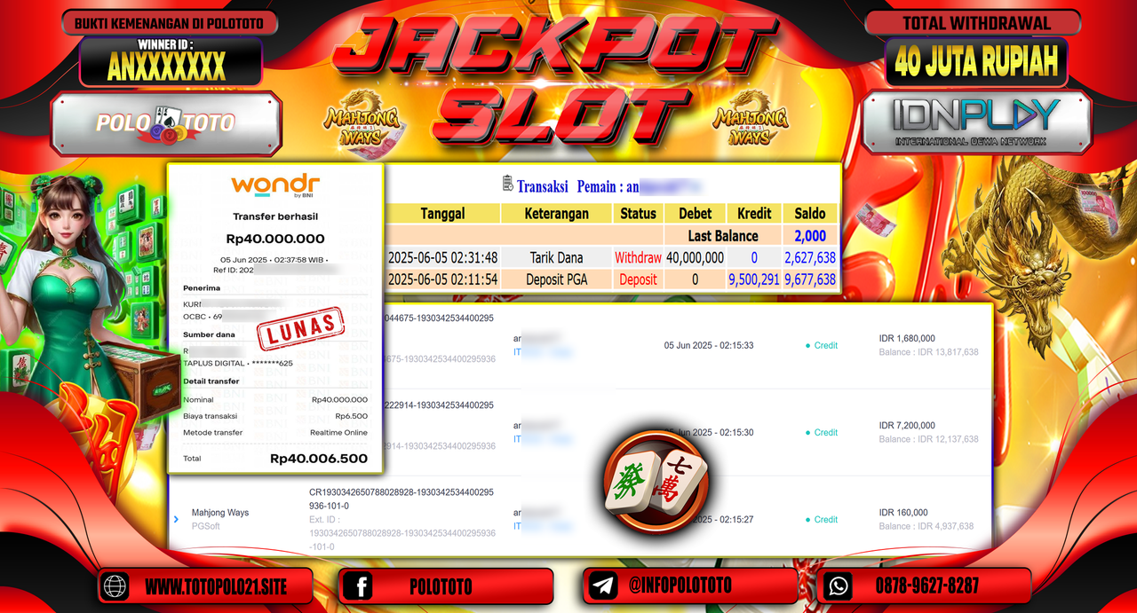 POLOTOTO JACKPOT SLOT MAHJONG WAYS Rp.40.000.000,-