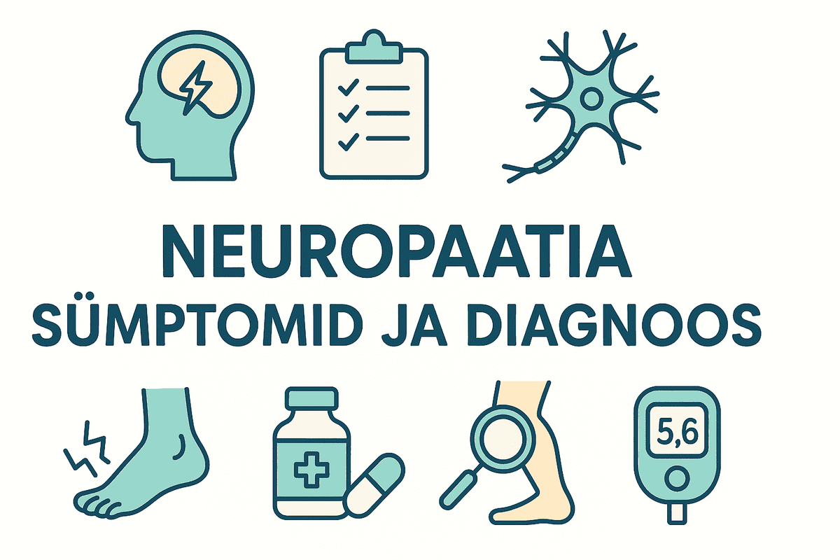 Neuropaatia sümptomid ja diagnoos – ülevaatlik infograafik Neuropaatia sümptomid ja diagnoos – infograafik valu, närvikahjustuse ja diagnoosivahendite ikoonidega