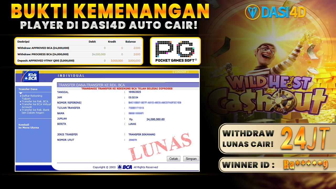 BUKTI KEMENANGAN 19 JUNI 2025 DI WILD HEST CASHOUT WD 24 JUTA