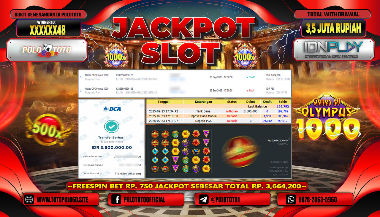 POLOTOTO JACKPOT SLOT GATES OF OLYMPUS 1000 Rp.5.500.000,- LUNAS