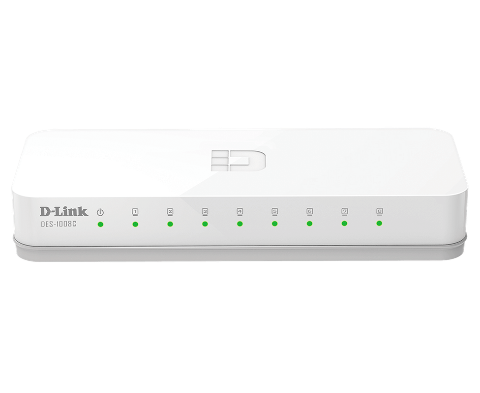 Switch D-Link de 8 puertos con diseño compacto.