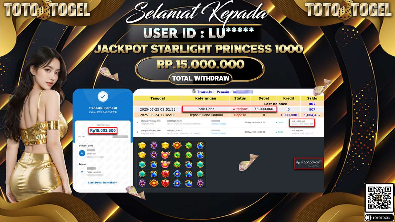 Bukti Pembayaran Jackpot Permainan Slot Starlight Princess 1000 ID:LU***** LUNAS