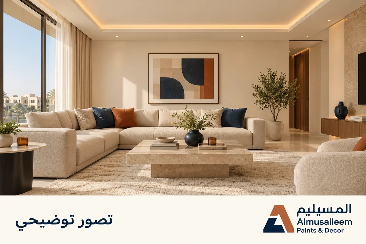 Illustrative ceiling, lighting and interior coordination with Almusaileem branding