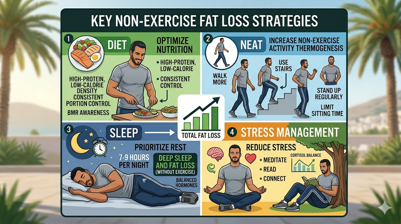 Quick recipes for fat loss including lentil soup, Greek yogurt bowl, protein smoothie, representing lose weight without workout