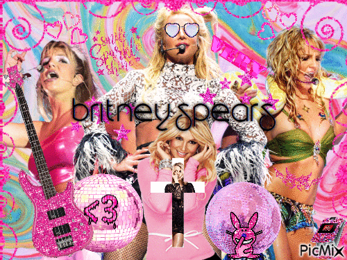A very bright pink glittery collage of Britney Spears