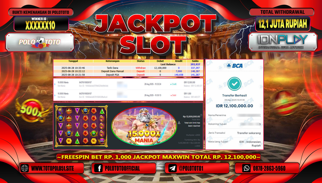 POLOTOTO JACKPOT SLOT 15.0000X MANIA Rp.12.100.000,- LUNAS