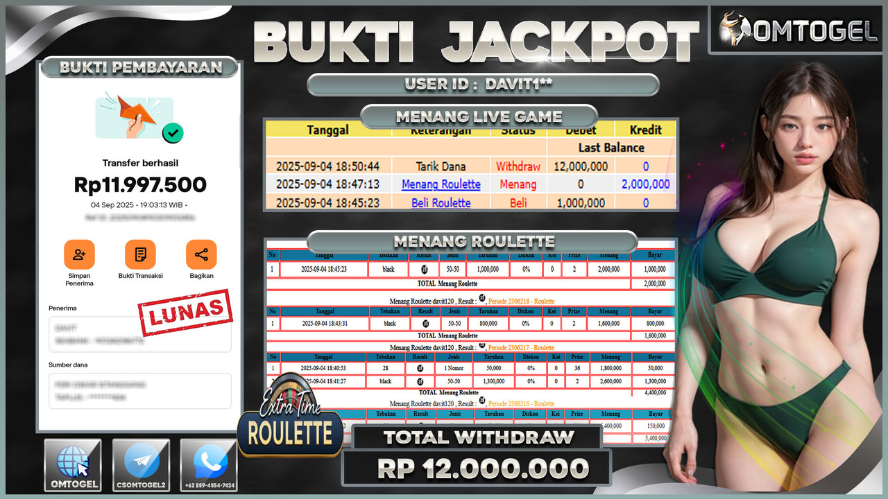 OMTOGEL JACKPOT LIVE GAMES ROULETTE 12 JUTA DI BAYAR LUNAS ,-
