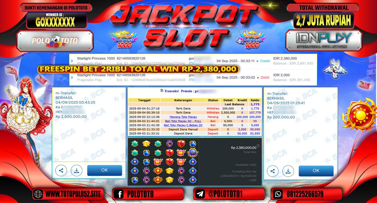 POLOTOTO JACKPOT SLOT STARLIGHT PRINCESS 1000 Rp.2.700.000,-