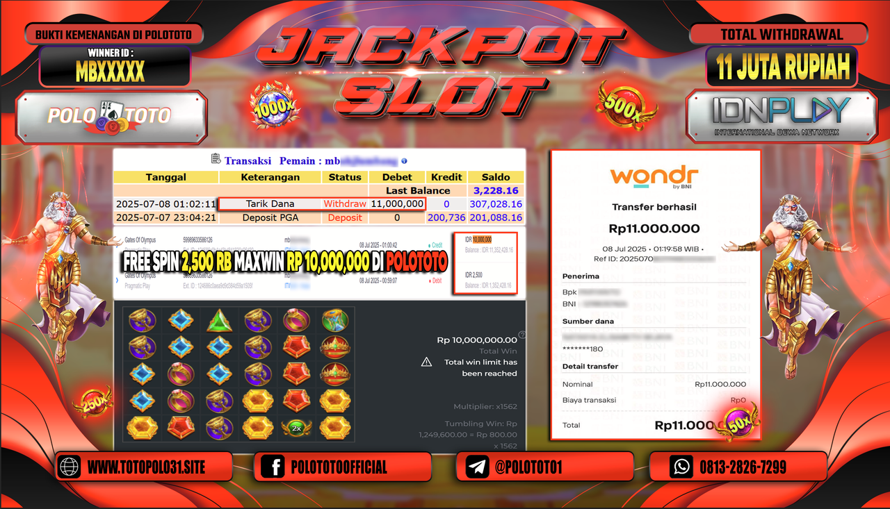 POLOTOTO JACKPOT SLOT GATES OF OLYMPUS Rp.11.000.000,-