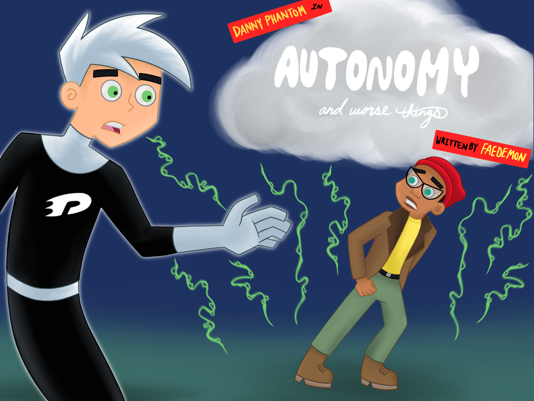 An illustrated title card for the fic. Phantom looks on with distress in the foreground, while Tucker braces to run beneath a thundercloud in the background.