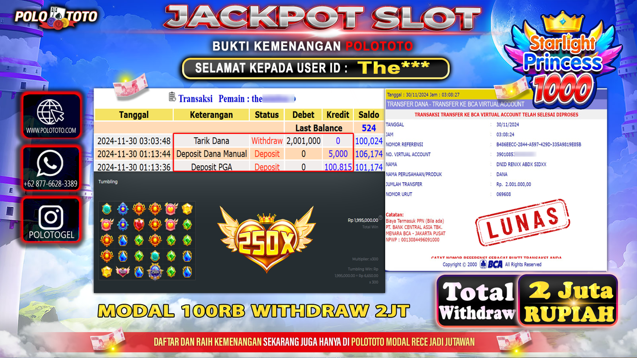 POLOTOTO JACKPOT SLOT STARLIGHT PRINCESS 1000 Rp.2,001.000,-