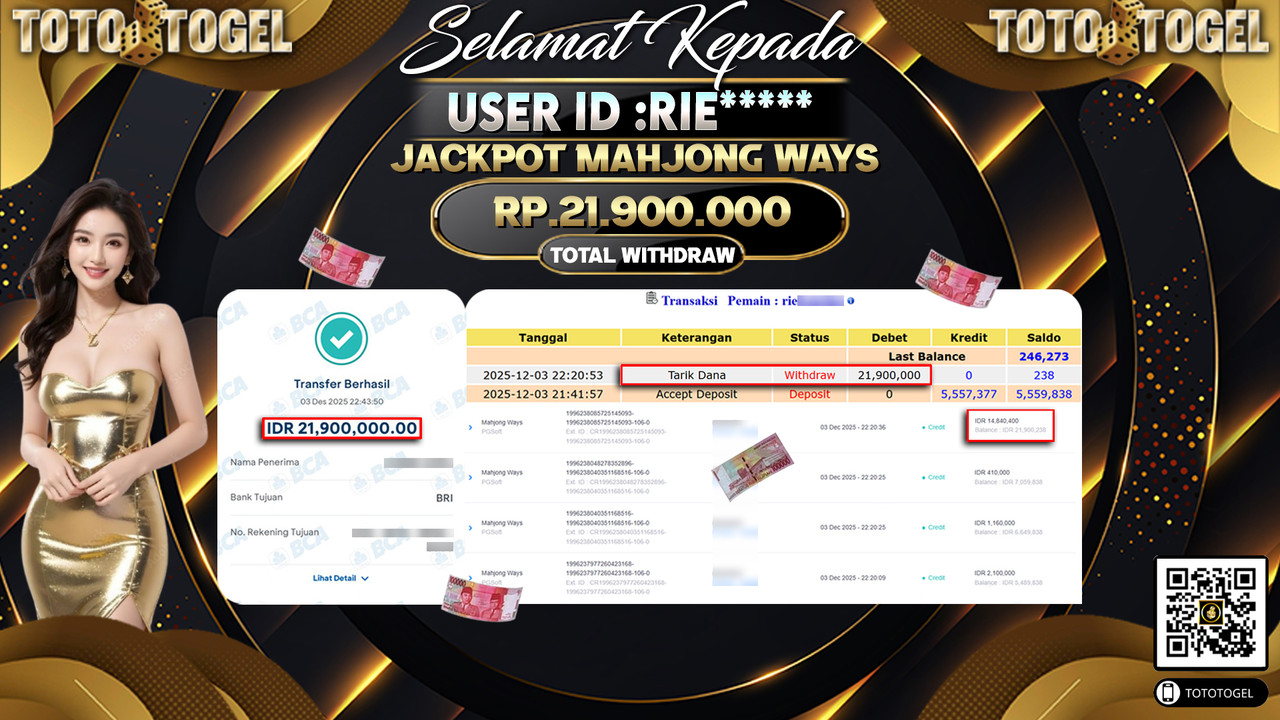 Bukti Pembayaran Jackpot Permainan Slot Mahjong Ways ID:RIE***** LUNAS