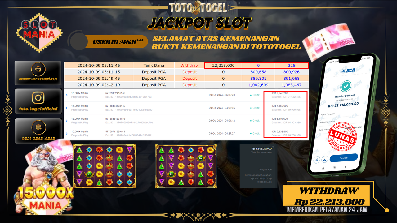 Bukti Kemenangan Permainan Slot 15.000x Mania ID : 4ANJI** Terbayar Lunas!!