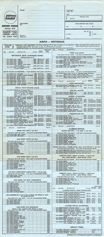 Airfix Order Form January 1970 MRRC Sets 1