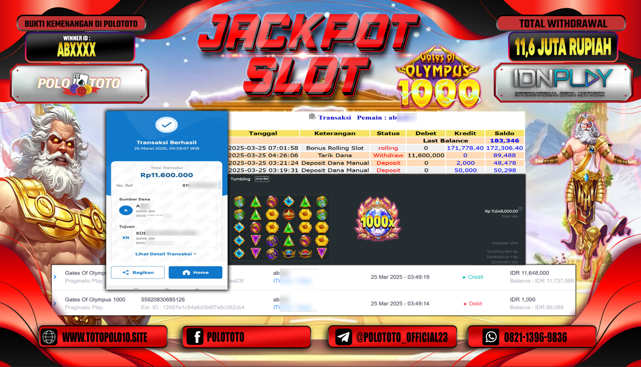 POLOTOTO JACKPOT SLOT GATES OF OLYMPUS 1000 Rp.11.600.000,-