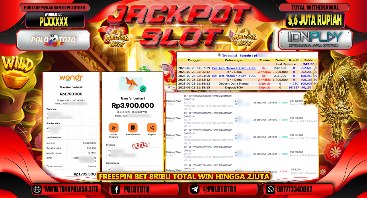 POLOTOTO JACKPOT SLOT MAHJONG WAYS Rp.5.600.000,- LUNAS