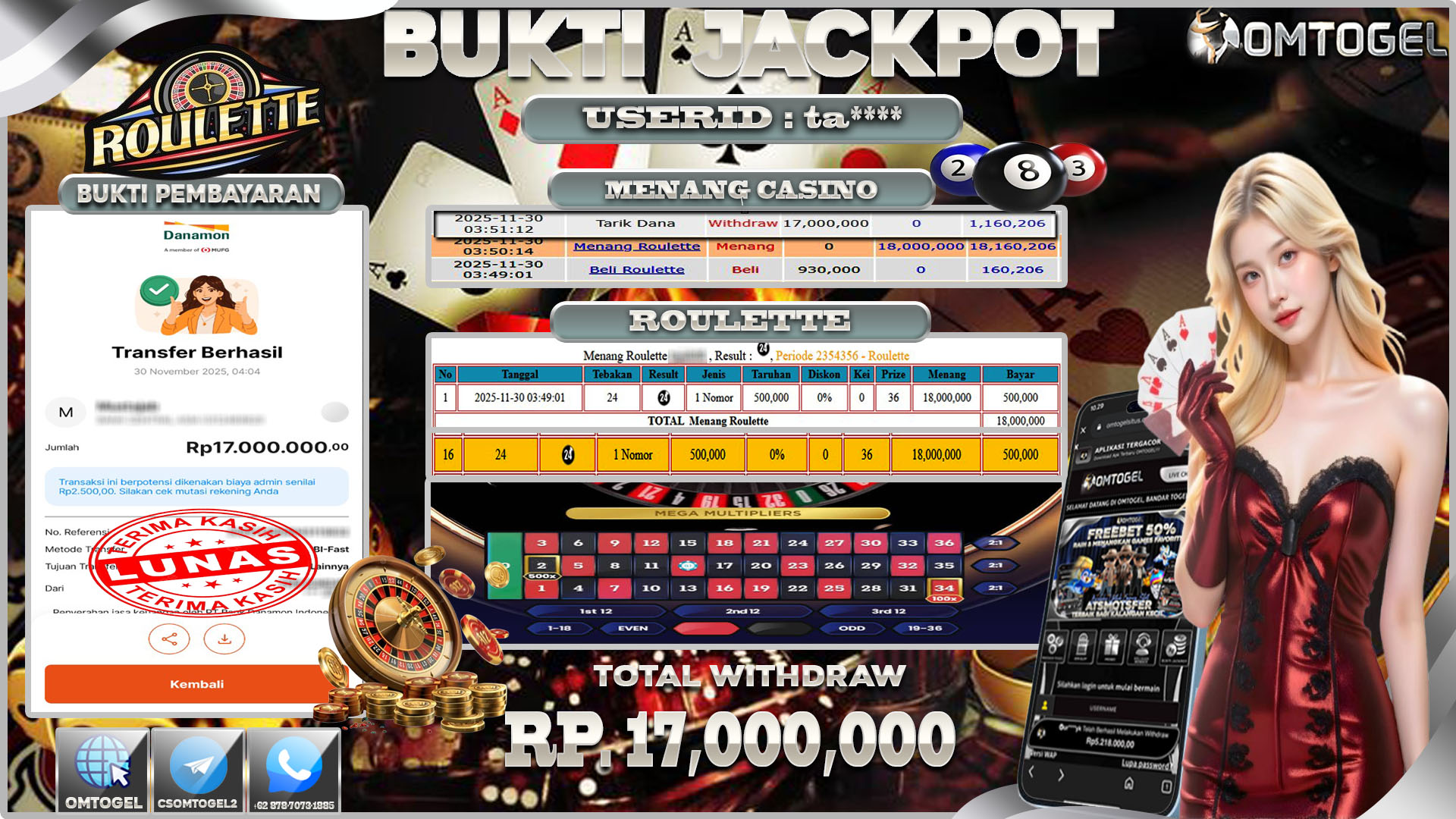 OMTOGEL JACKPO LIVE GAMES ROULETTE ,17 JUTA DI BAYAR LUNAS ,-