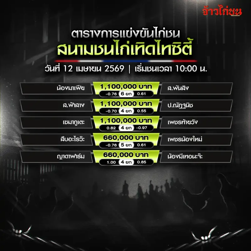 โปรแกรมไก่ชน สนามชนไก่เทิดไทซิตี้ วันอาทิตย์ที่ 12 เมษายน 2569
