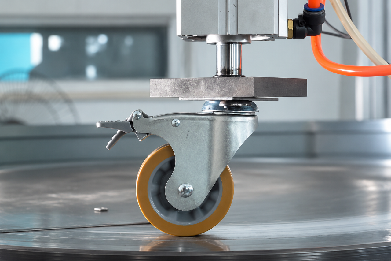 Loaded caster wheel being tested on an industrial running test machine