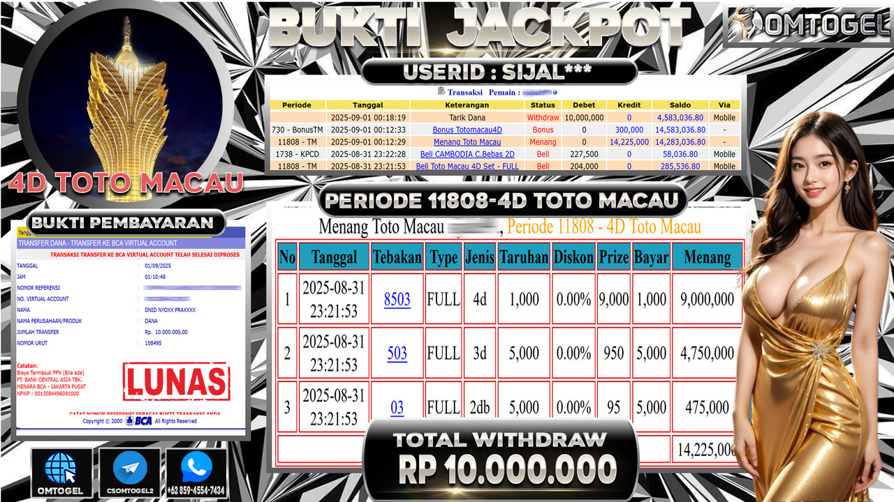OMTOGEL JACKPOT TOTO MACAU 4D 3D 2D 10 JUTA DI BAYAR LUNAS ,-