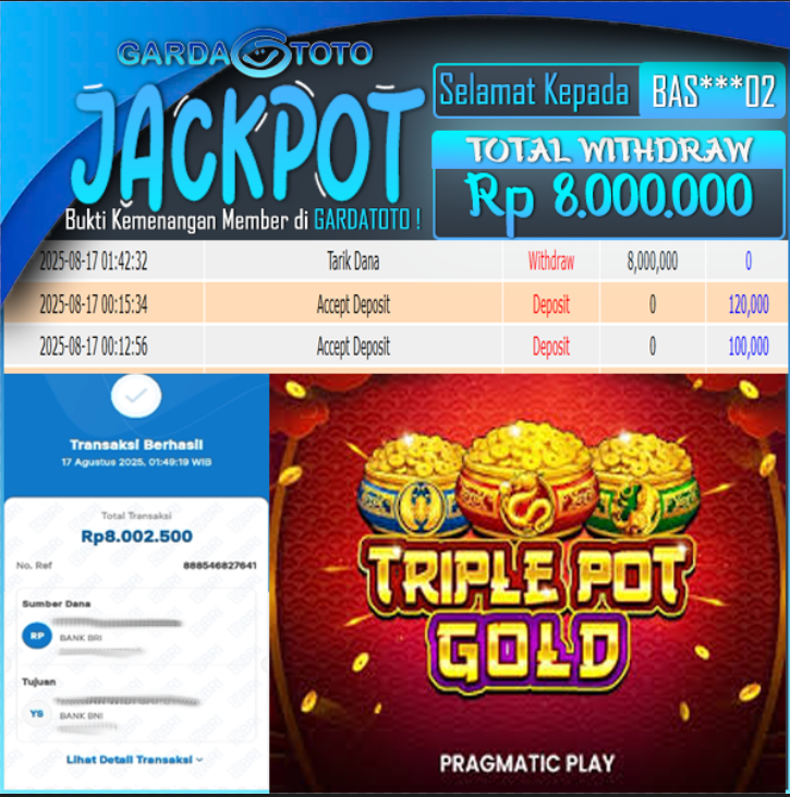 JACKPOT DI PERMAINAN SLOT PRAGMATIC PLAY TRIPLE POD GOLD WD Rp 8.000.000