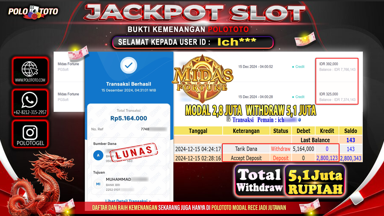 POLOTOTO JACKPOT SLOT MIDAS FORTUNE Rp.5,164.000,-