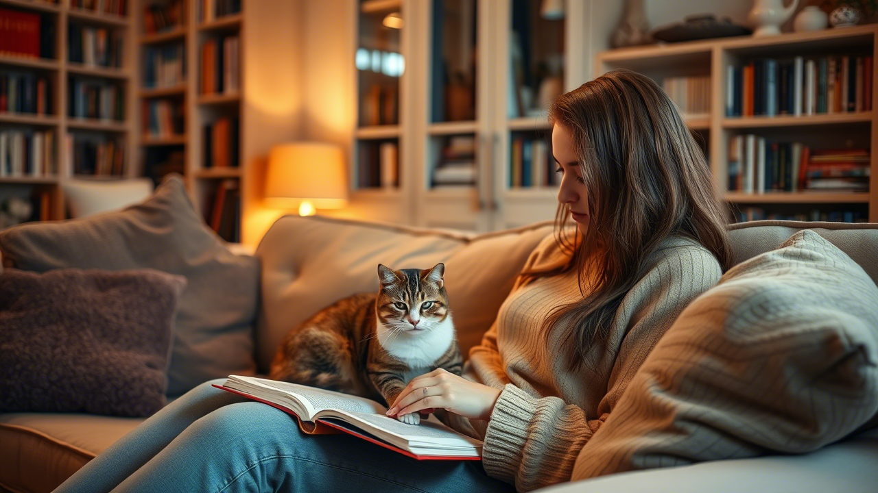 Девушка читает книгу с котом