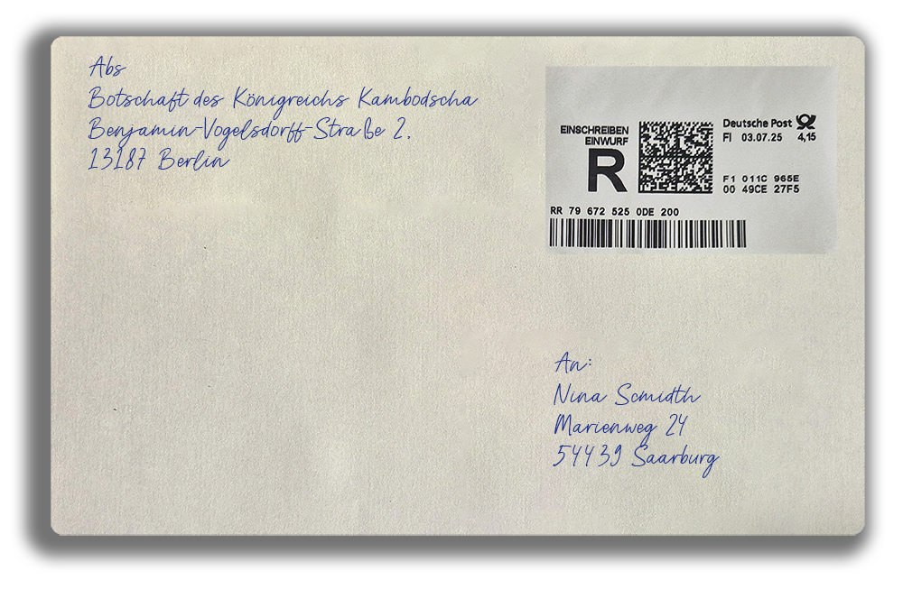 Einschreiben Einwurf label applied on return envelope