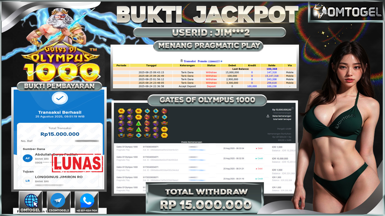 OMTOGEL JACKPOT PRAGMATIC PLAY GATES OF OLYMPUS 1000 15 JUTA DI BAYAR LUNAS ,-