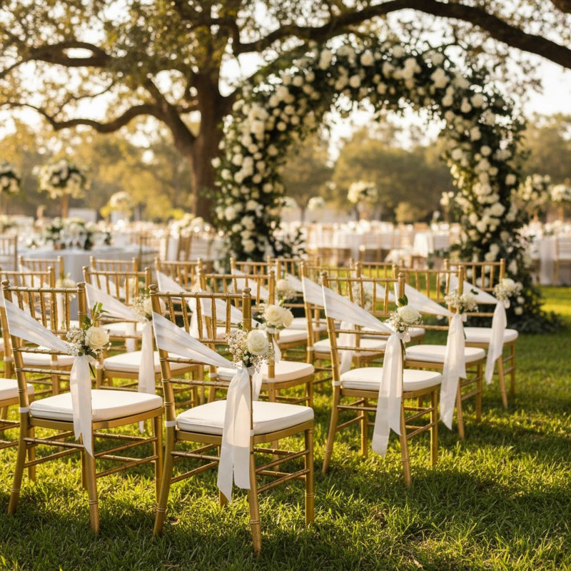 Оформление свадебного банкета с использованием элегантных стульев Кьявари, украшенных легкой тканью и цветами.