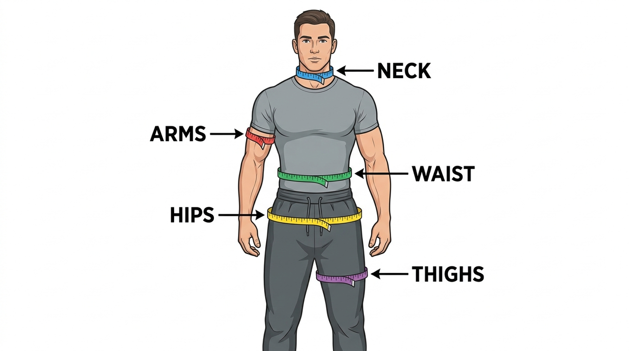 Anatomical diagram showing proper tape placement for waist hips neck arms and thighs for accurate body progress tracking without scale